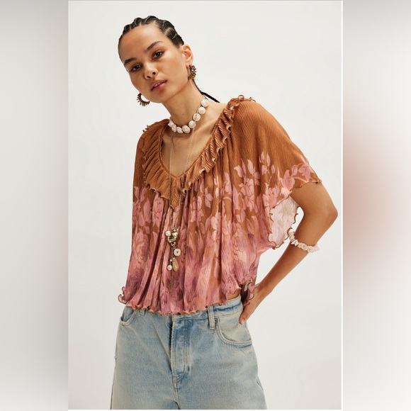 Free People Tops - Free People Rust and Blush Floral Pleated V-Neck Top
